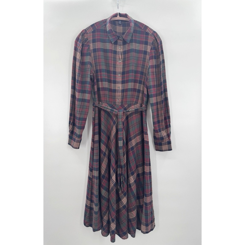 Chaps Womens M Midi Dress Bias Cut Dark Plaid Preppy Western Academia Heritage